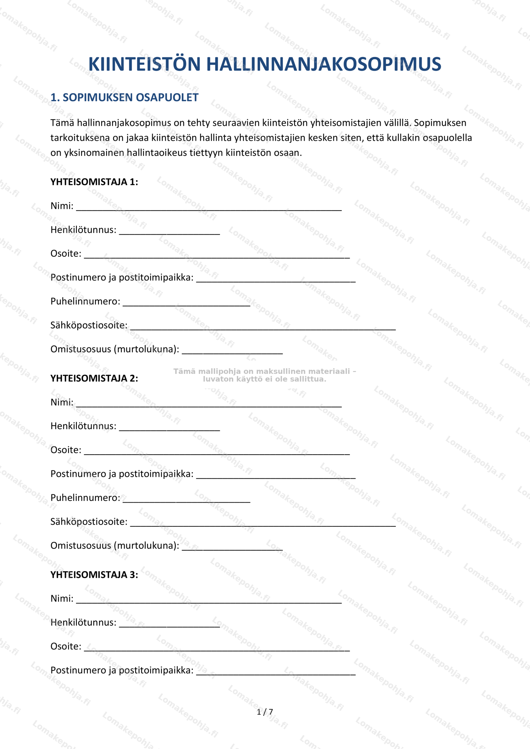 Kiinteistön hallinnanjakosopimus | Muokattava pohja