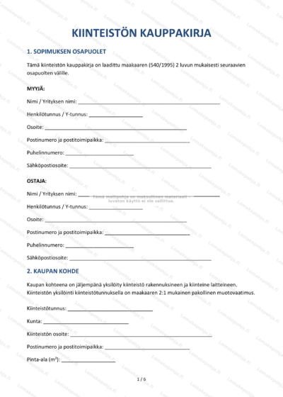 Kiinteistön kauppakirjan ensimmäinen sivu, skaalattu dokumentti.