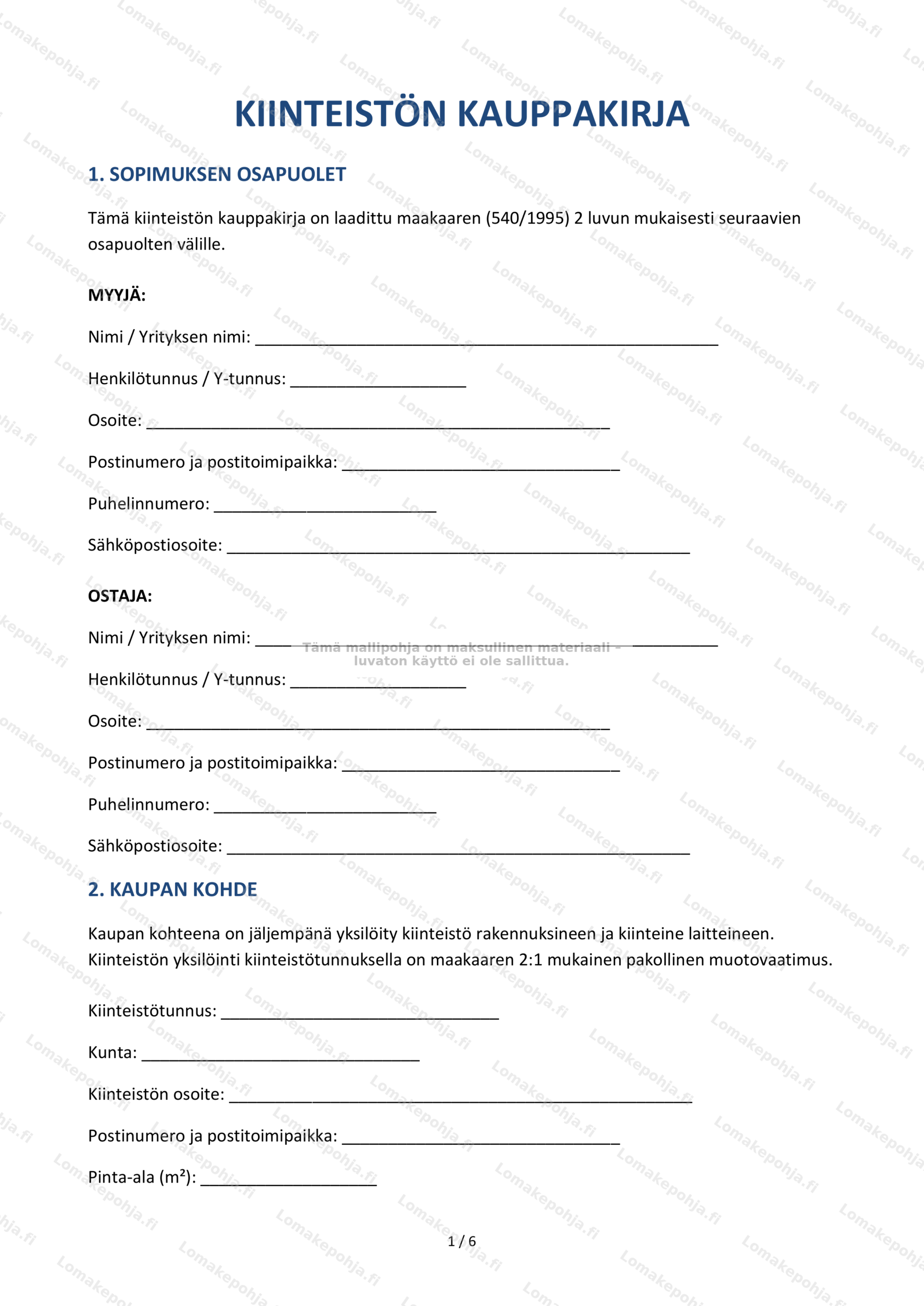 Kiinteistön kauppakirja — Sopimusmalli