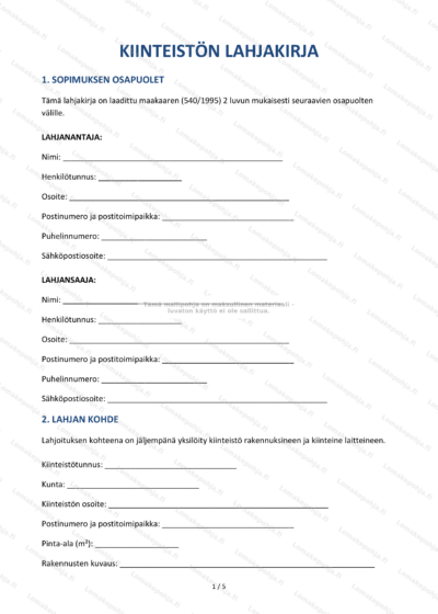 Kiinteiston lahjakirja – sivu 1, skaalattu oikeudellinen asiakirja.