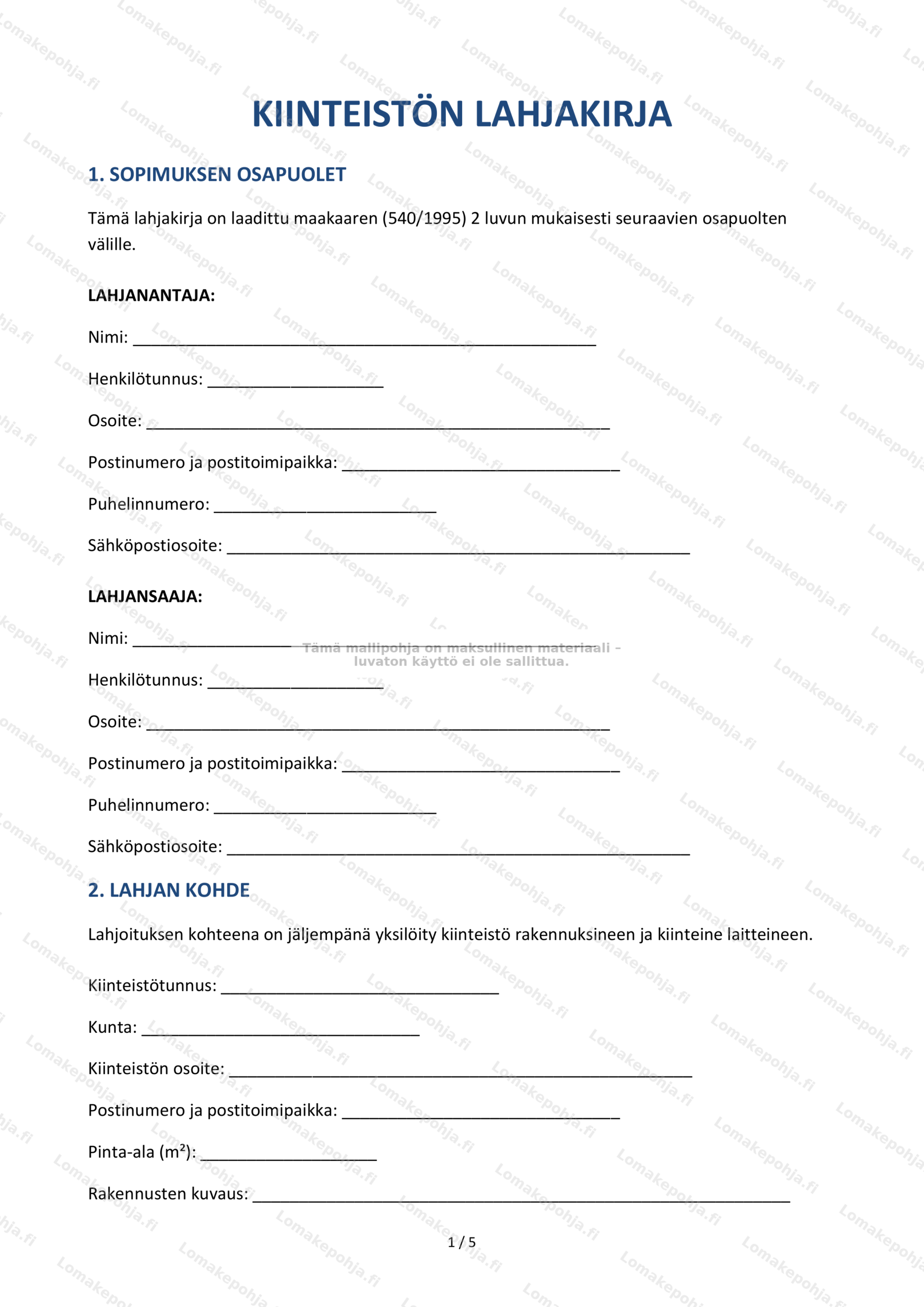 Kiinteistön lahjakirja – Ladattava
