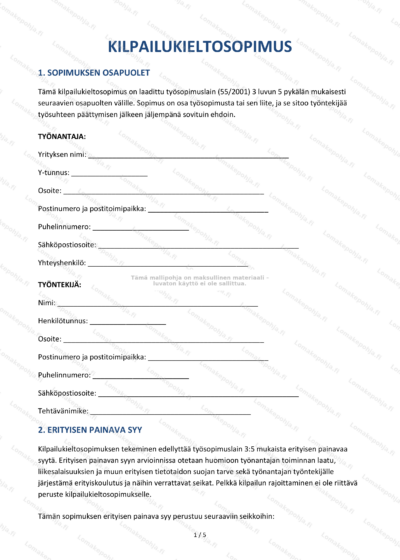 Kilpailukieltosopimus – sivu 1, pienennetty asiakirjankuva.