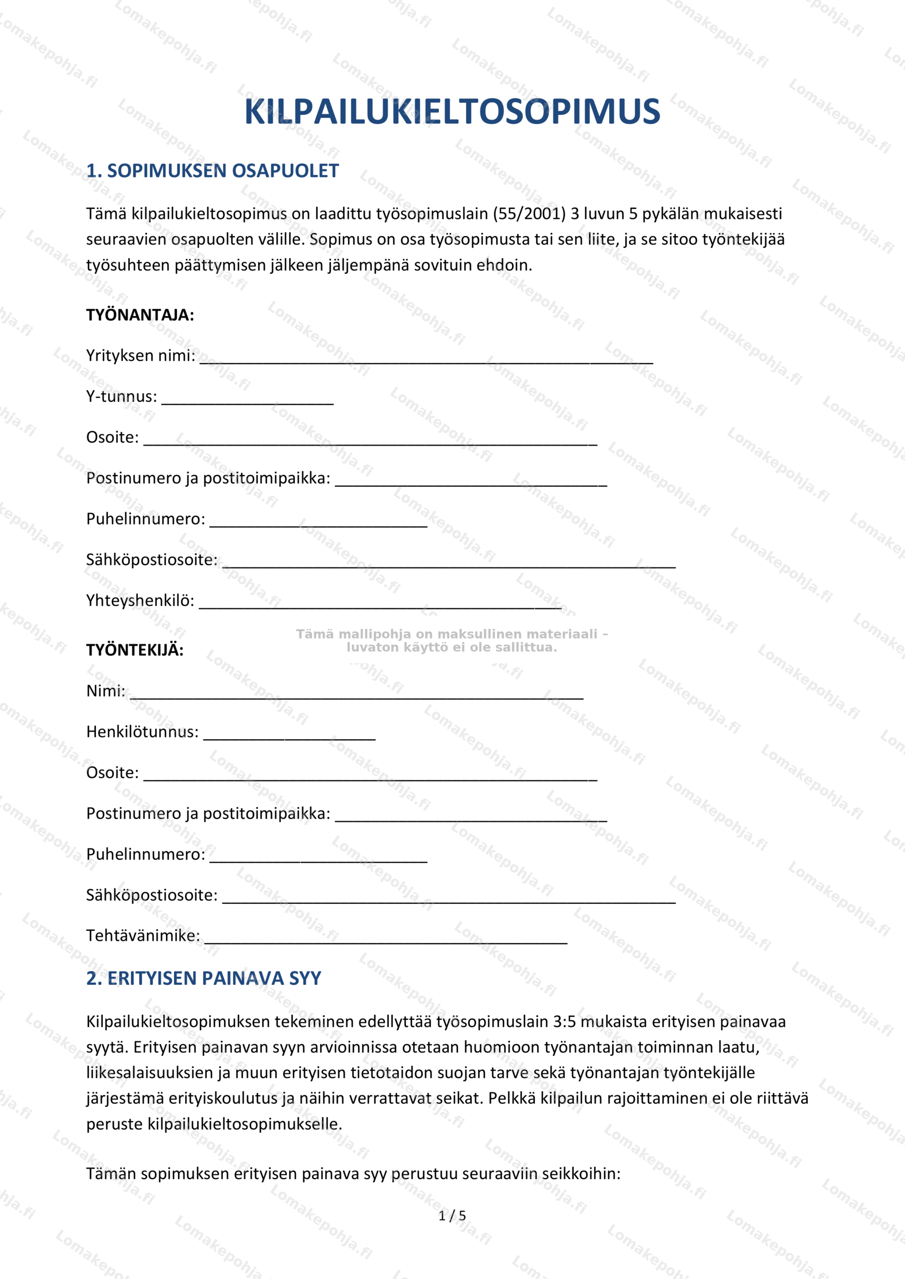 Kilpailukieltosopimus | Tulostettava mallipohja