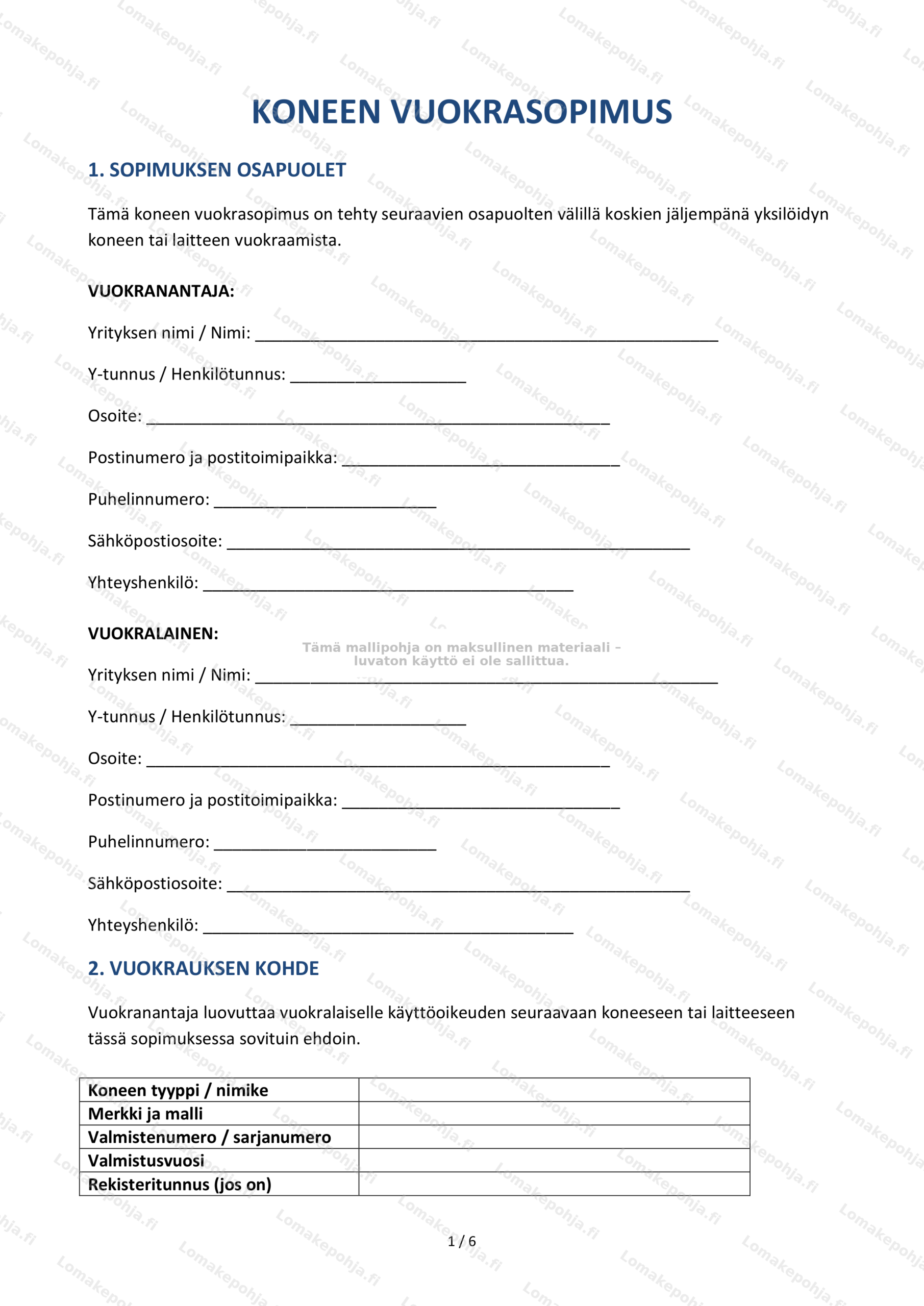 Koneen vuokrasopimus — Ladattava