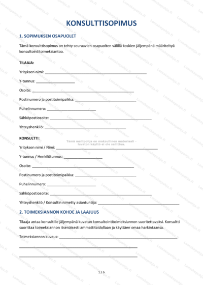 Konsulttisopimuksen ensimmäinen sivu skaalattuna, näkyvillä otsikot ja allekirjoitusalueet