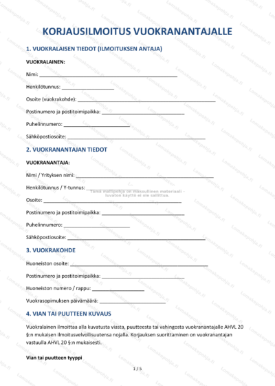 Korjausilmoitus vuokranantajalle - ensimmäinen sivu, skannattu dokumentti