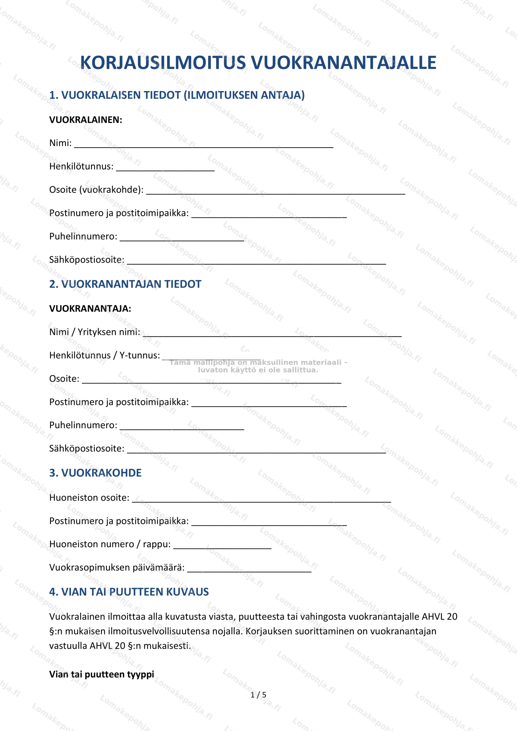 Korjausilmoitus vuokranantajalle – Tulostettava mallipohja