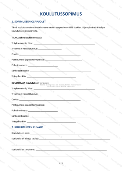 Koulutussopimus-asiakirjan ensimmäinen sivu, skaalaattu kuva
