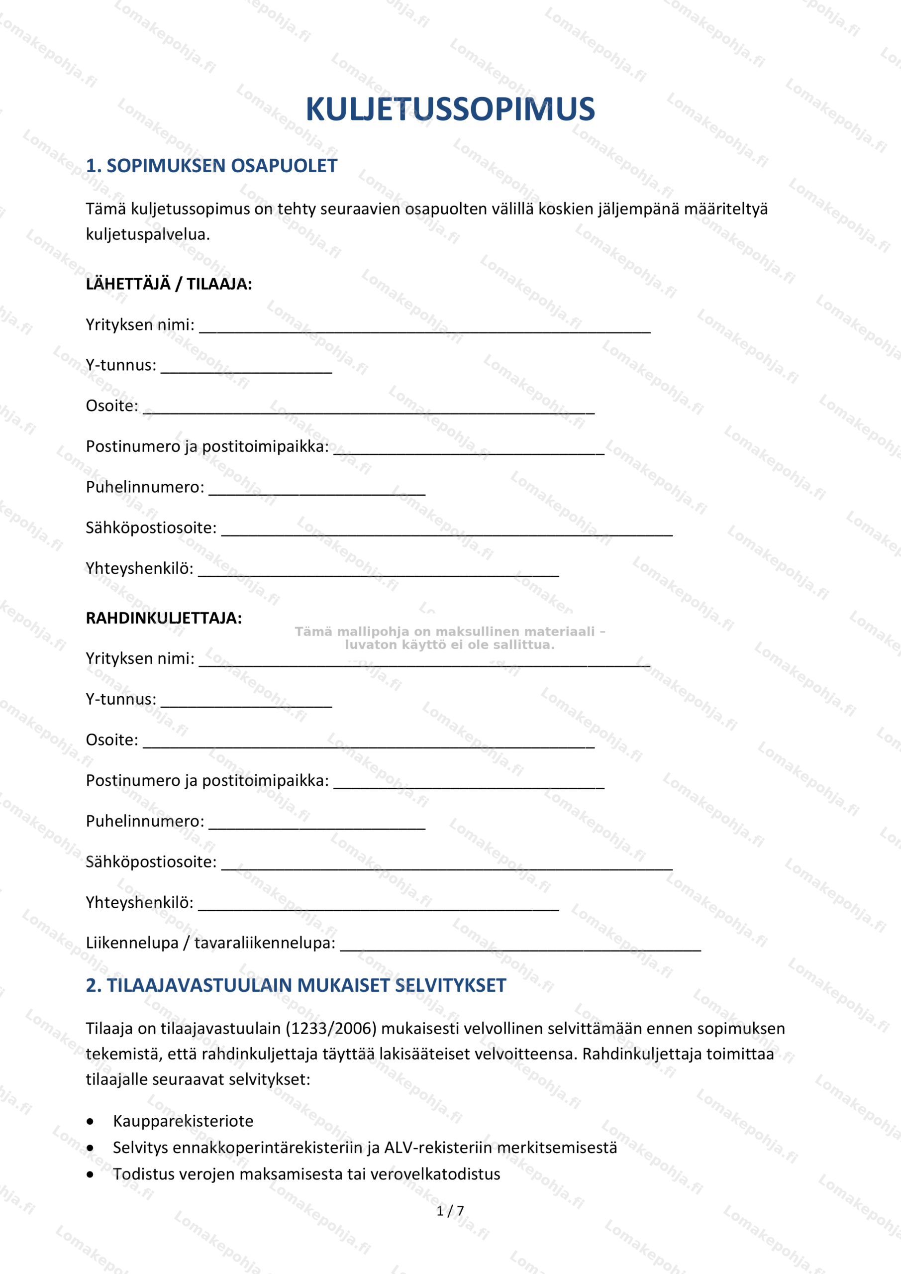 Kuljetussopimus – Sopimusmalli