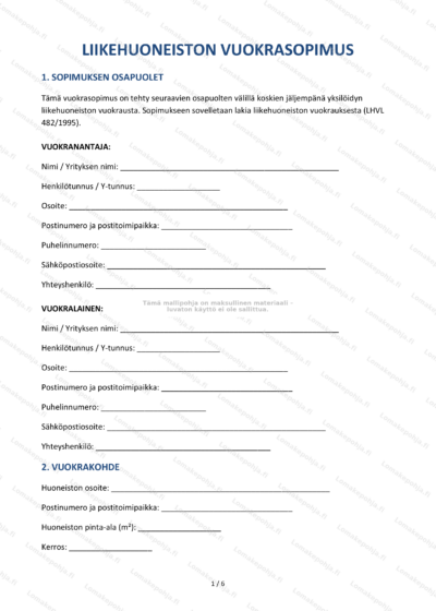 Liikehuoneiston vuokrasopimuksen sivu 1, skaalattu versio.