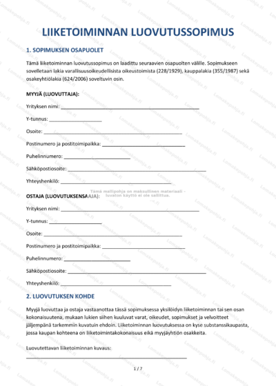 Liiketoiminnan luovutussopimuksen ensimmäinen sivu – skannattu asiakirja.