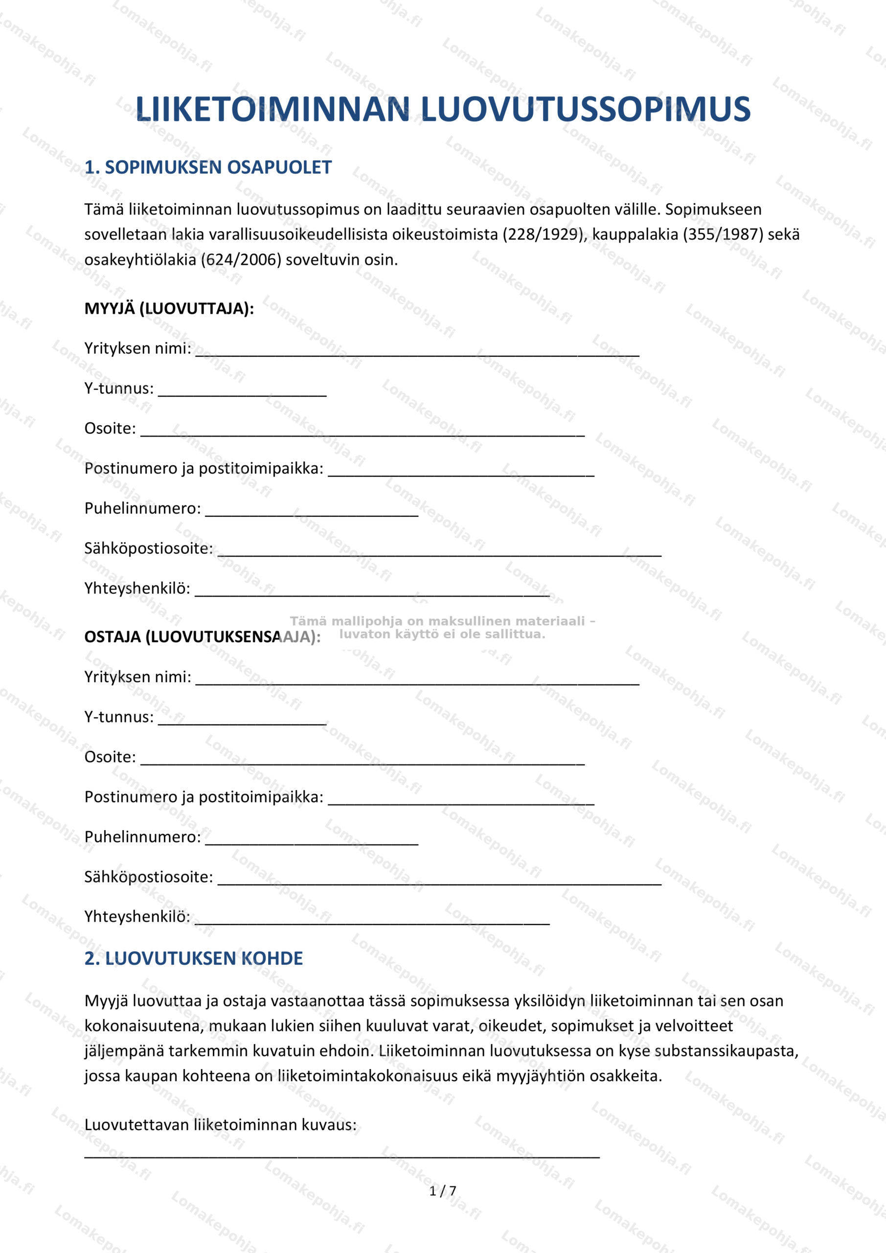 Liiketoiminnan luovutussopimus – Mallipohja