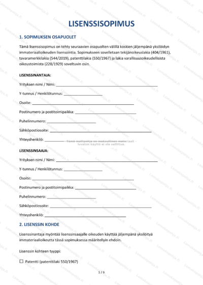 Lisenssisopimuksen sivu 1 - skaalaattu asiakirjakuva.