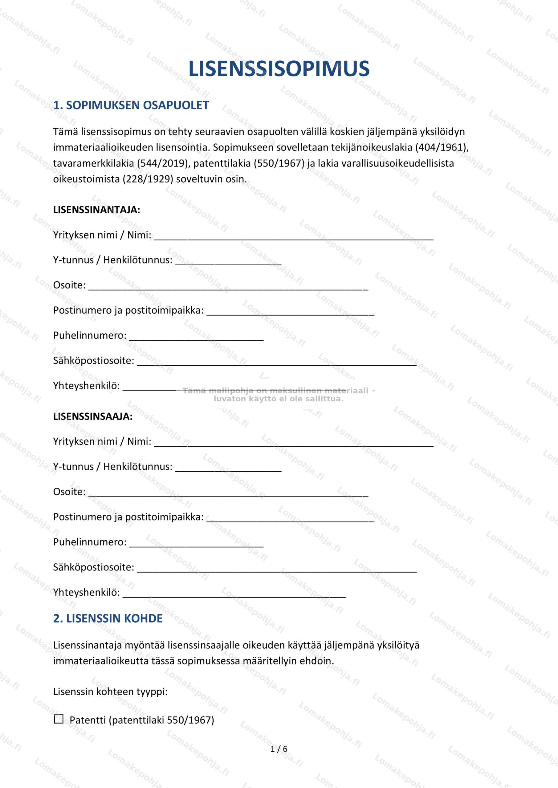 Lisenssisopimus — Sopimusmalli | Ladattava