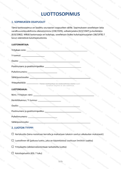 Luottosopimus – sivu 1, skaalattu kuva teksteineen ja allekirjoitusalueineen.