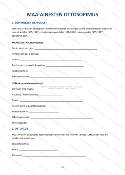 Skannattu sivu 1 maa-ainesten ottosopimuksesta, asiakirjan teksti näkyvissä.