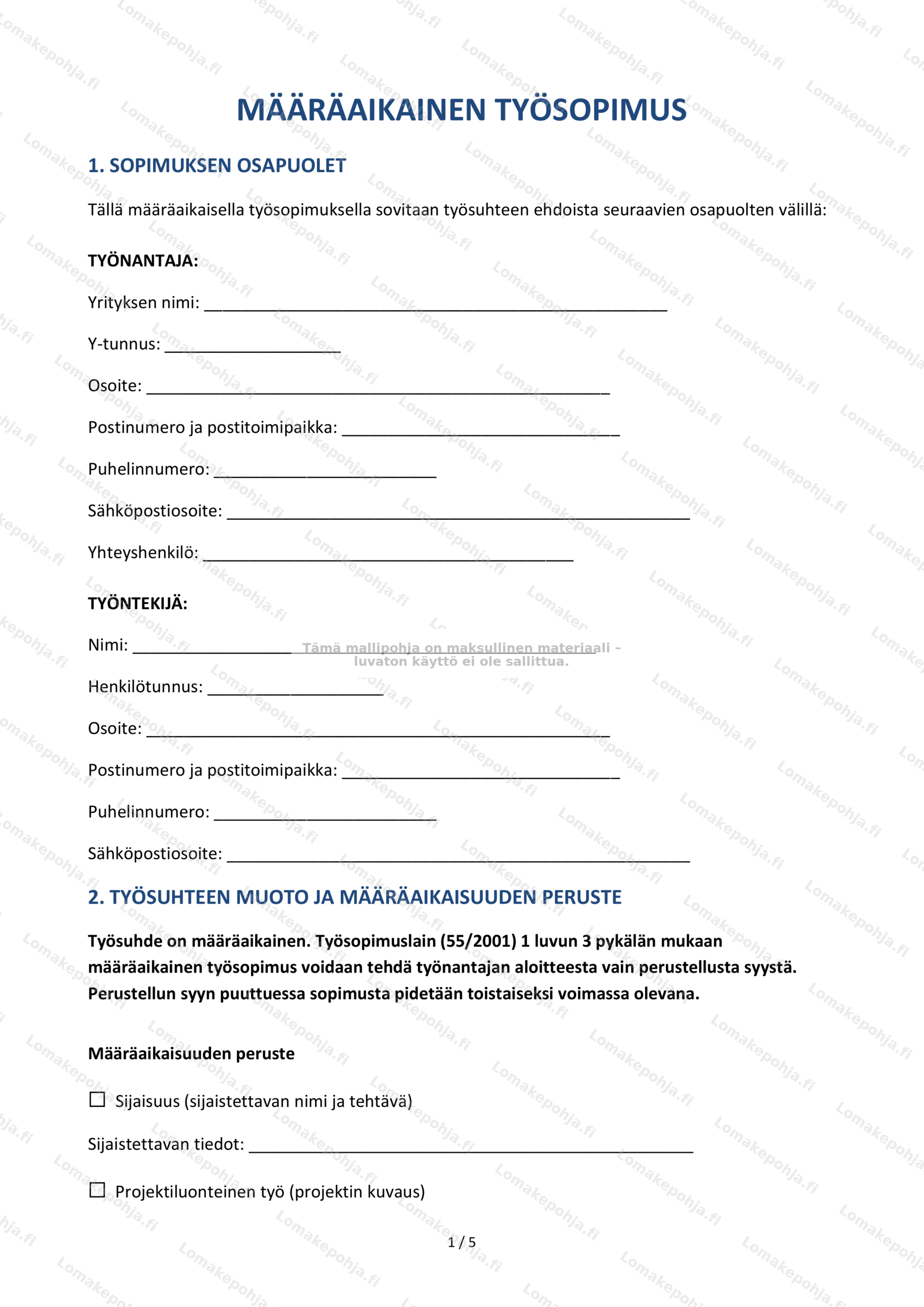 Määräaikainen työsopimus – Tulostettava mallipohja