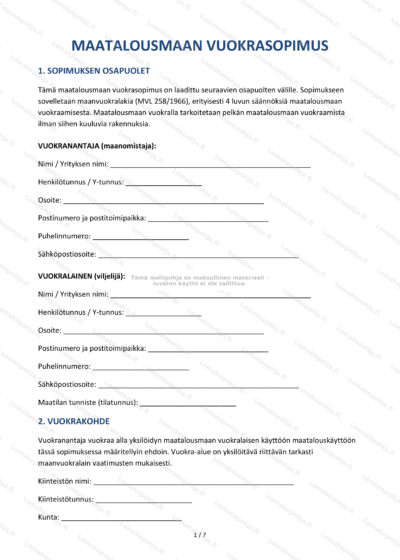 Maatalousmaan vuokrasopimus – sivu 1, skannattu asiakirja