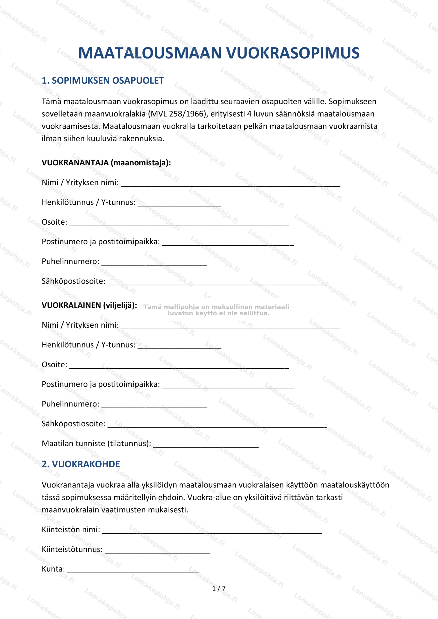 Maatalousmaan vuokrasopimus