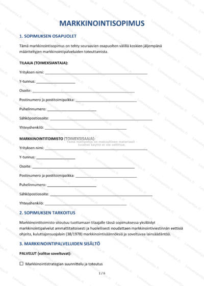 Markkinointisopimuksen ensimmäinen sivu skaalattuna, asiakirja näkyvissä.