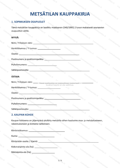 Metsätilan kauppakirja, sivu 1, skannattu dokumentti