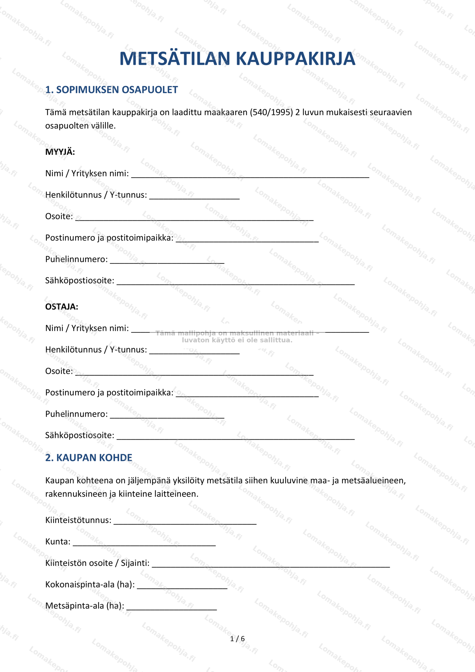 Metsätilan kauppakirja | Tulostettava mallipohja