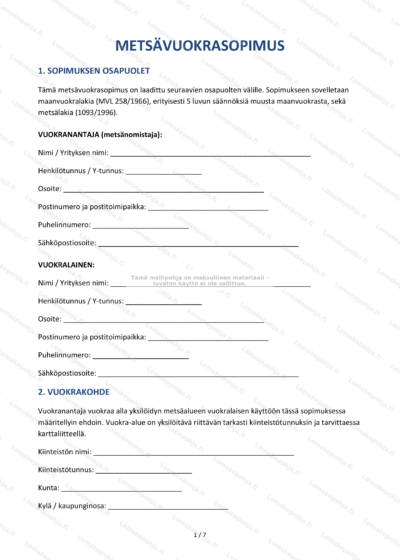 Metsävuokrasopimuksen ensimmäinen sivu, skannattu asiakirja.