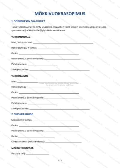 Mökkivuokrasopimuksen ensimmäinen sivu, sopimustiedot ja allekirjoituskohdat näkyvissä.