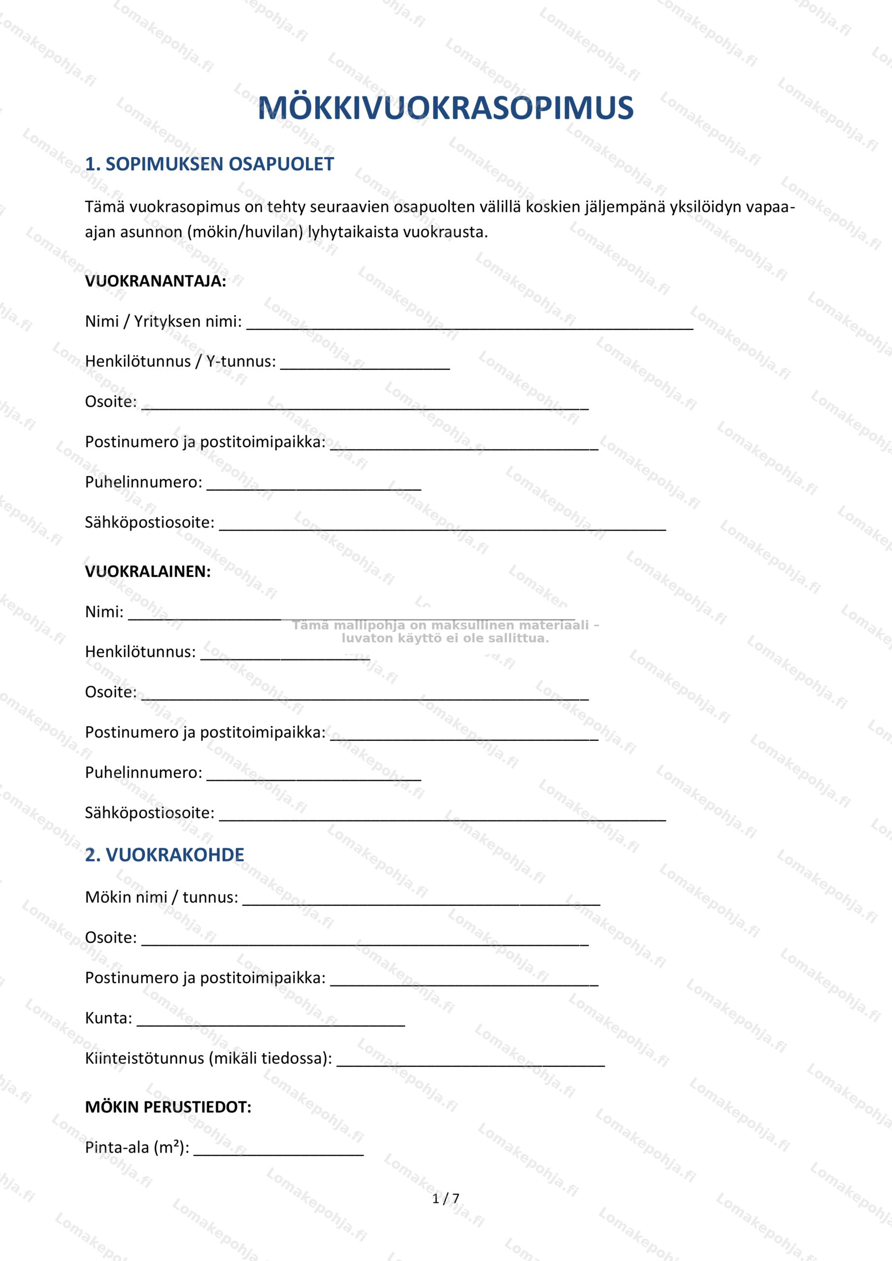 Mökkivuokrasopimus | Tulostettava lomakepohja