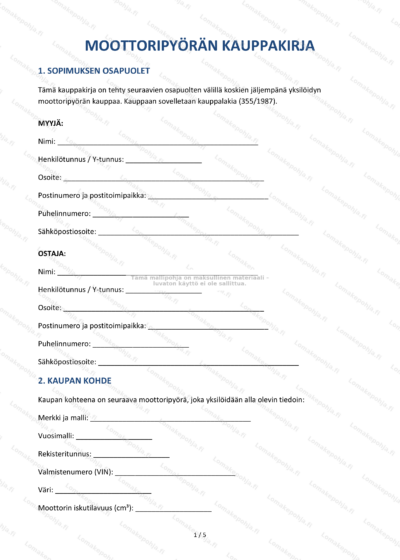 Moottoripyörän kauppakirjan sivu 1, skaalattu dokumentti