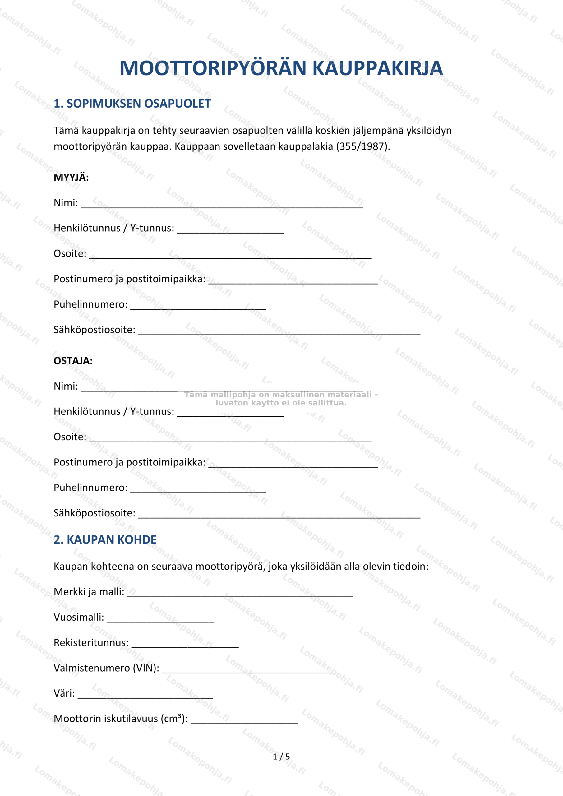 Moottoripyörän kauppakirja — Mallipohja