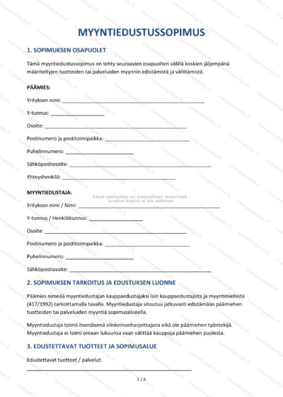 Myyntiedustussopimus – ensimmäinen sivu, skaalattu asiakirja.