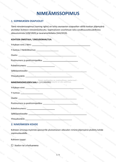 Nimeämissopimuksen sivu 1, skannattu asiakirja jossa on tekstiä ja mahdollisia allekirjoituksia.