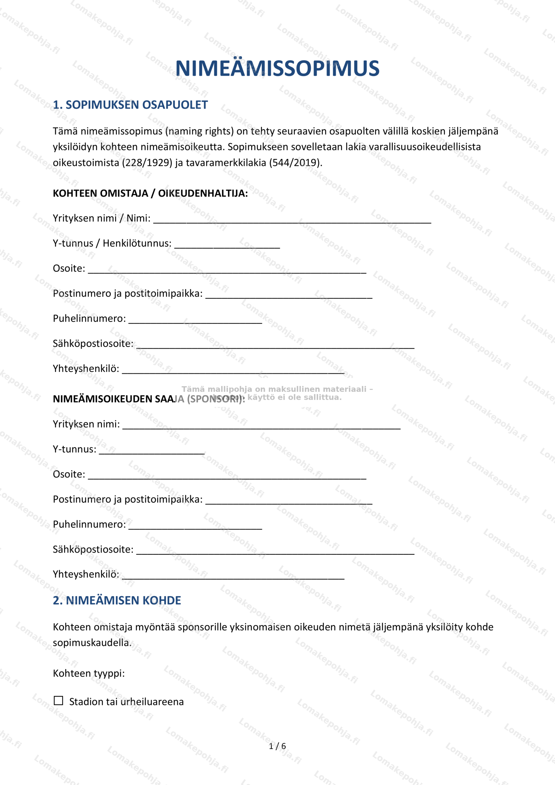 Nimeämissopimus | Sopimusmalli