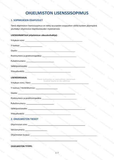 Ohjelmiston lisenssisopimuksen ensimmäinen sivu (skaalattu)