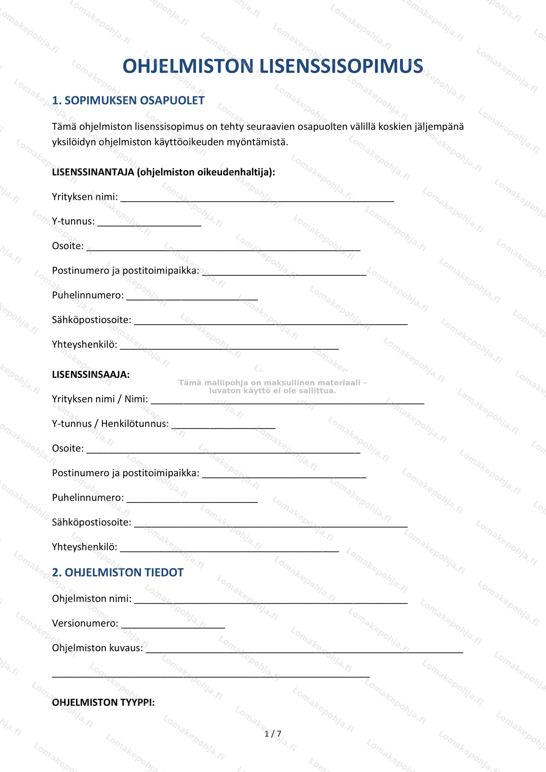 Ohjelmiston lisenssisopimus – Mallipohja