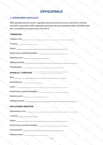 Oppisopimuksen ensimmäinen sivu, skaalaattu asiakirjakuva