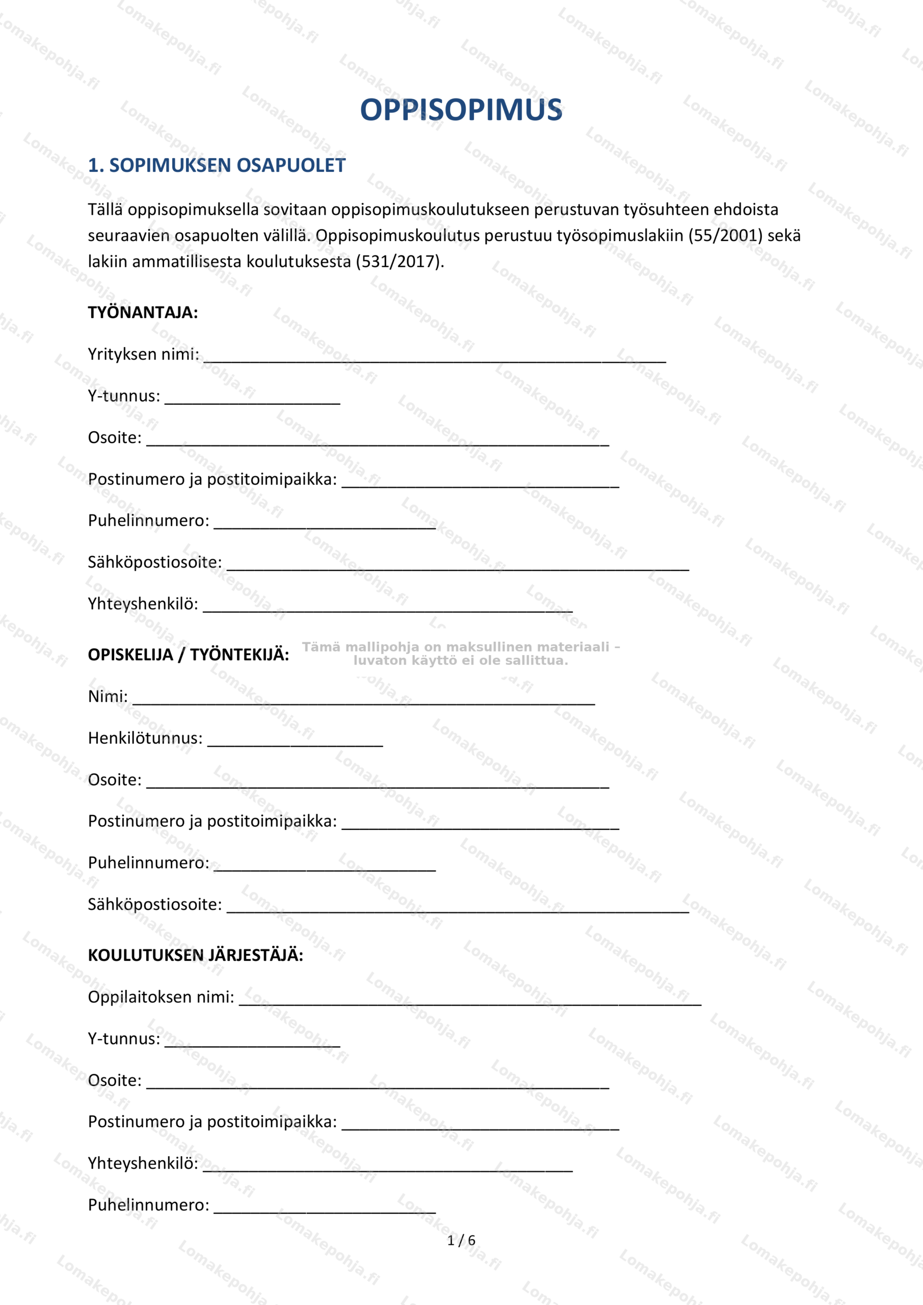 Oppisopimus | Tulostettava mallipohja