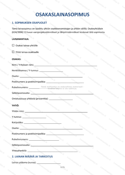 Osakaslainasopimuksen sivu 1, skannattu oikeudellinen asiakirja.