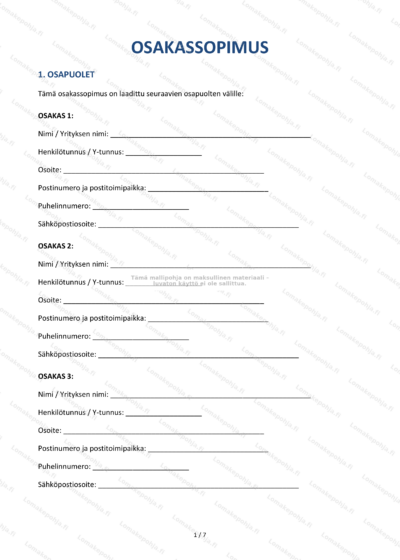 Osakassopimus – ensimmäinen sivu (skaalattu), oikeudellinen asiakirja.