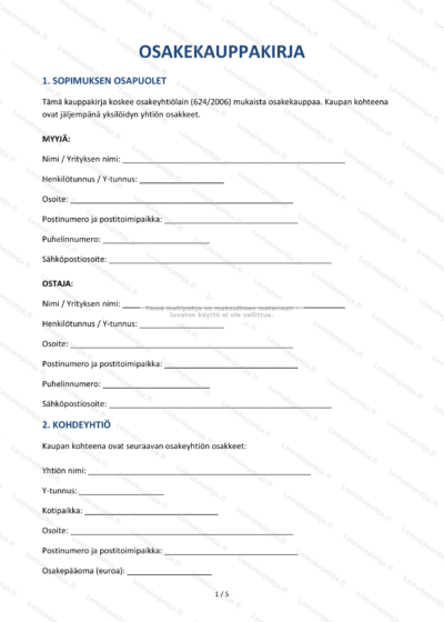 Osakekauppakirja – sivu 1 skannattu kuva, virallinen kauppakirja otsikoineen ja allekirjoituksineen