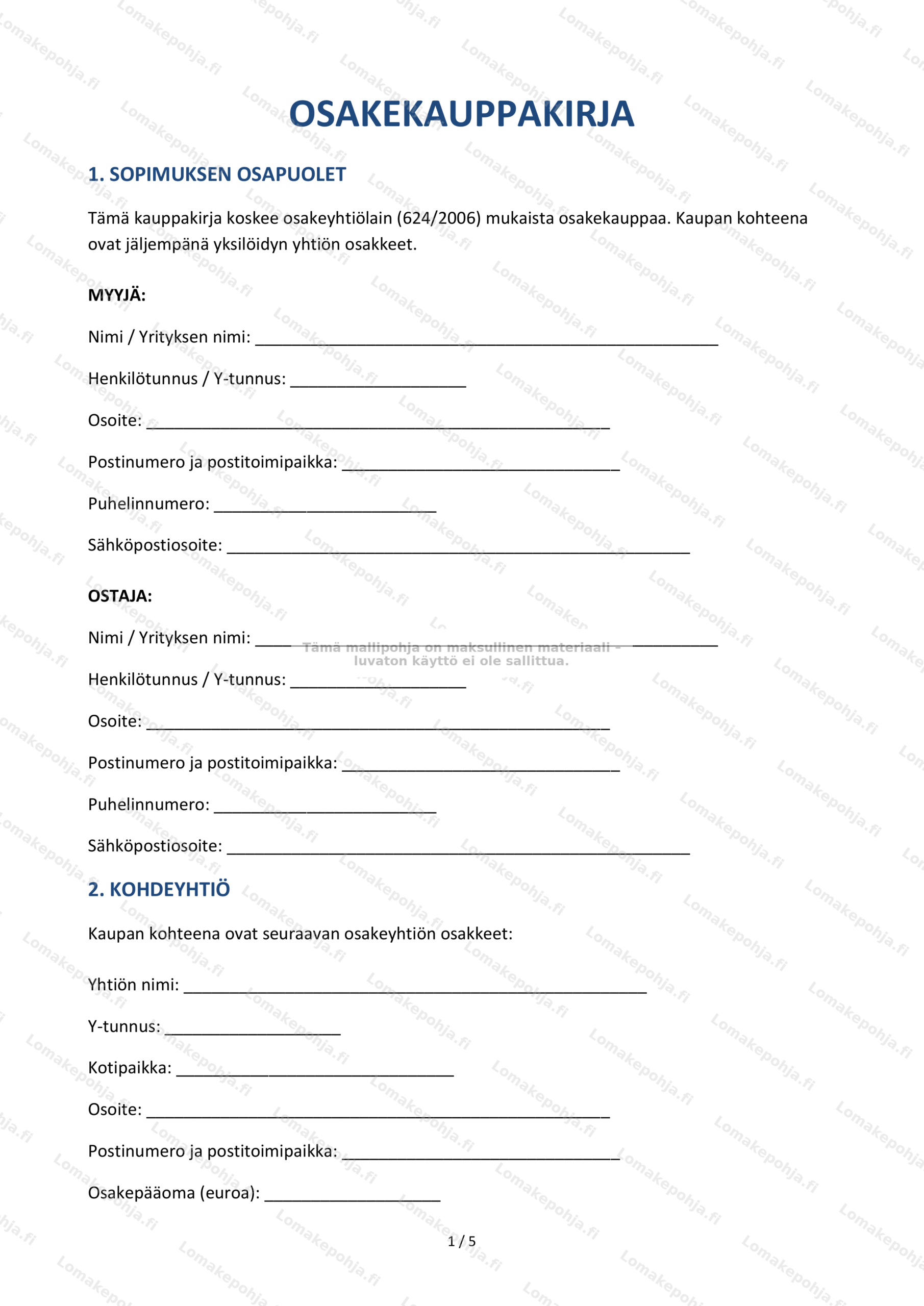 Osakekauppakirja | Mallipohja