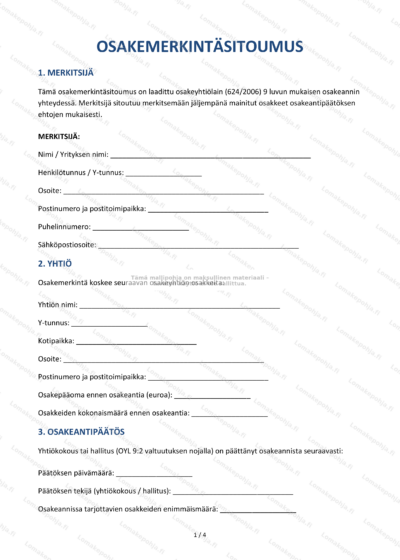 Osakemerkintäsitoumuksen sivu 1 – asiakirja, jossa on tekstiä.