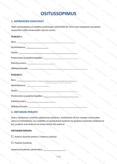 Avioeron ositusasiakirja, sivu 1