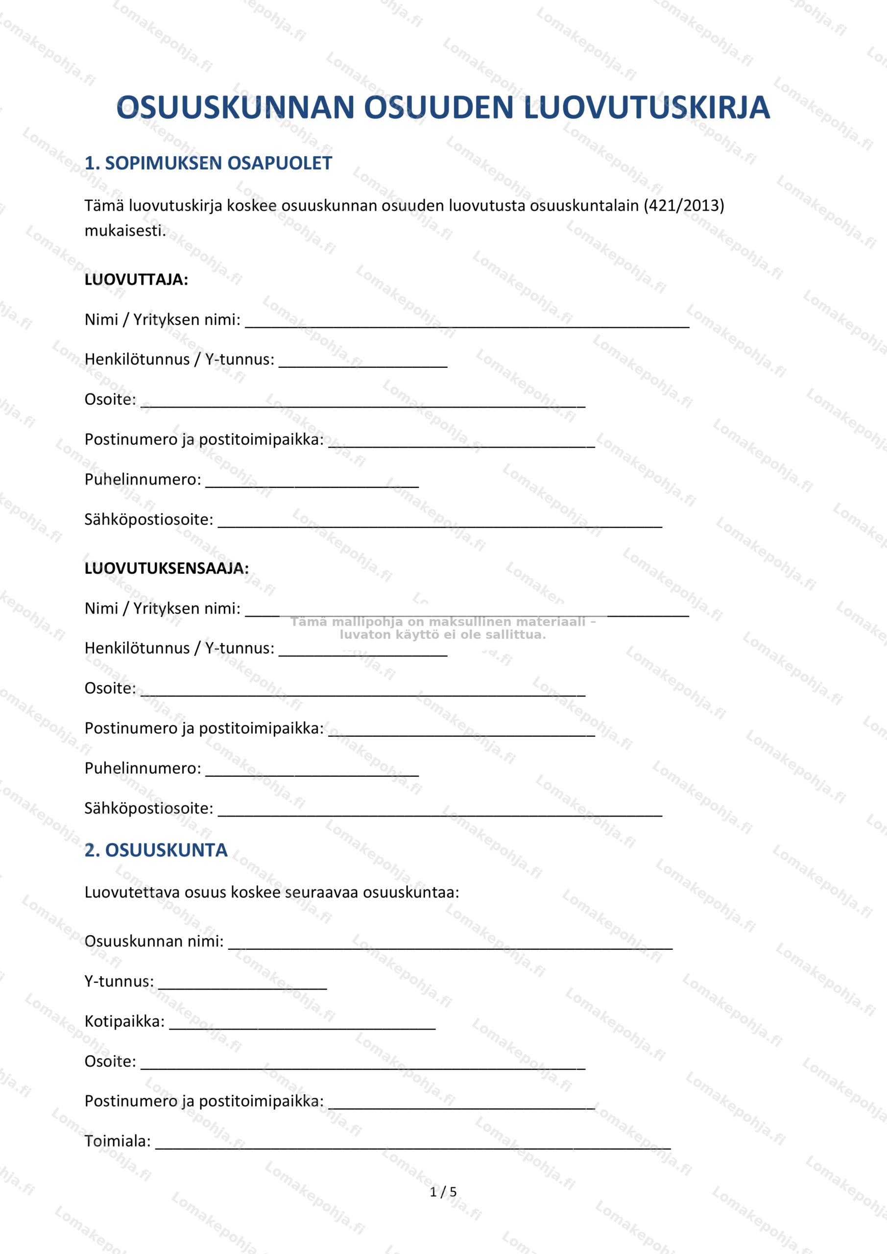 Osuuskunnan osuuden luovutuskirja – Mallipohja