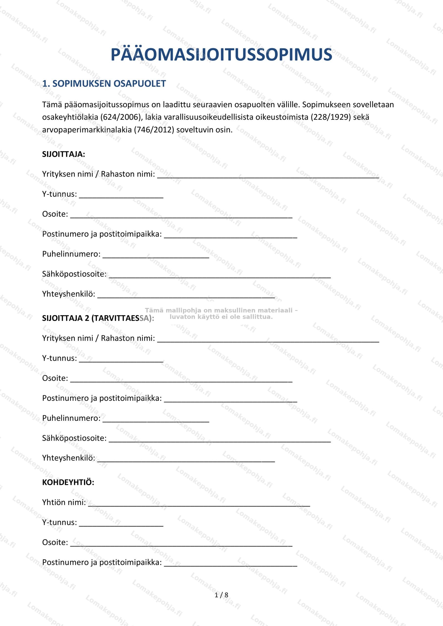Pääomasijoitussopimus | Muokattava pohja