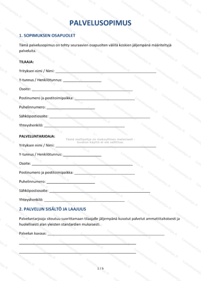 Palvelusopimus – sivu 1, skaalattu kuva, jossa näkyvät sopimuksen otsikot ja tekstisisältö.