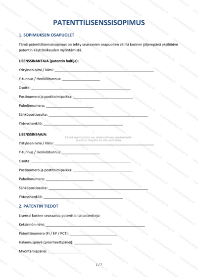 Patenttilisenssisopimuksen ensimmäinen sivu (skaalattu).
