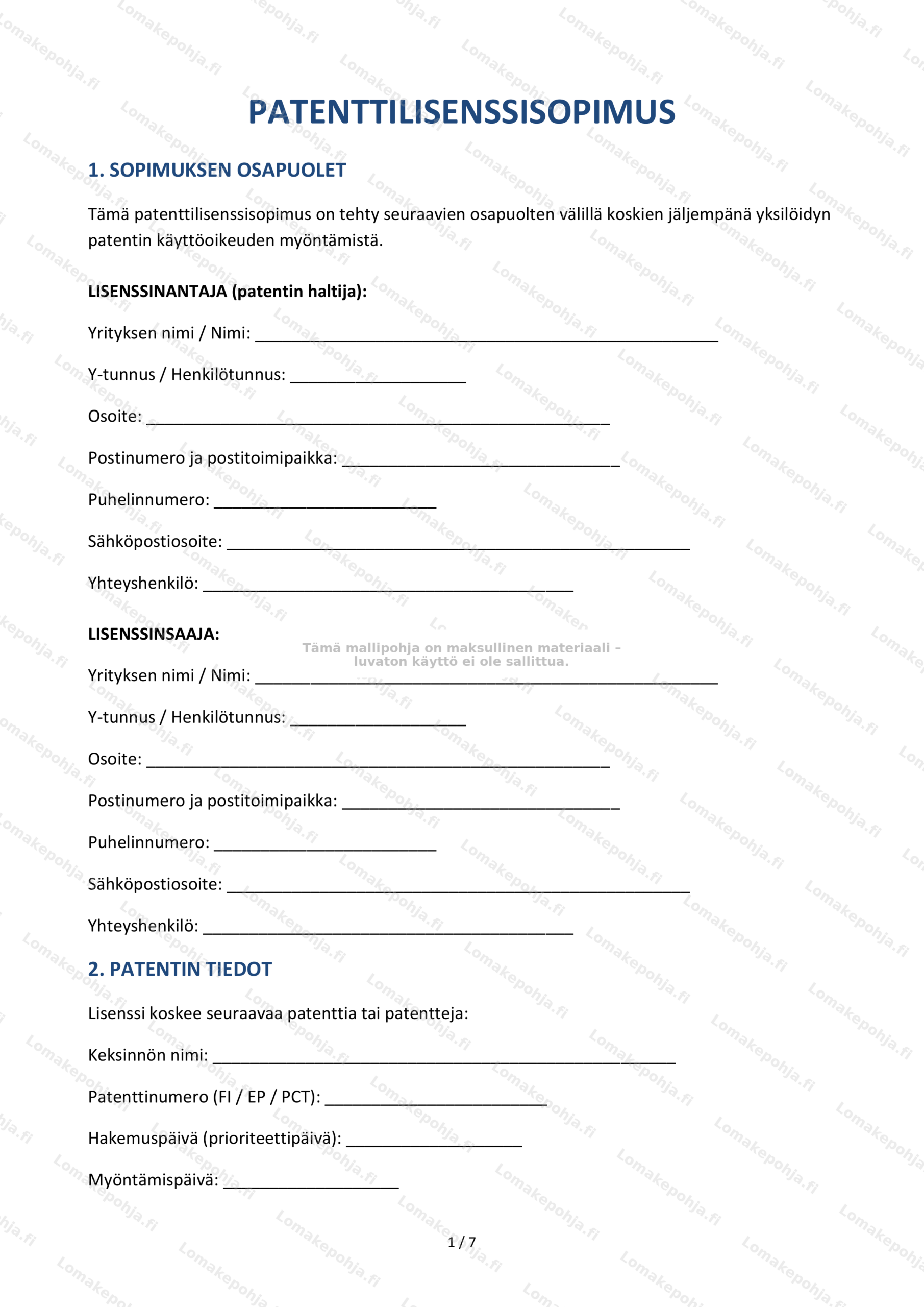 Patenttilisenssisopimus – Ladattava