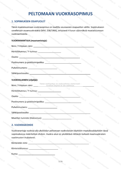 Peltomaan vuokrasopimuksen ensimmäinen sivu (skaalattu)